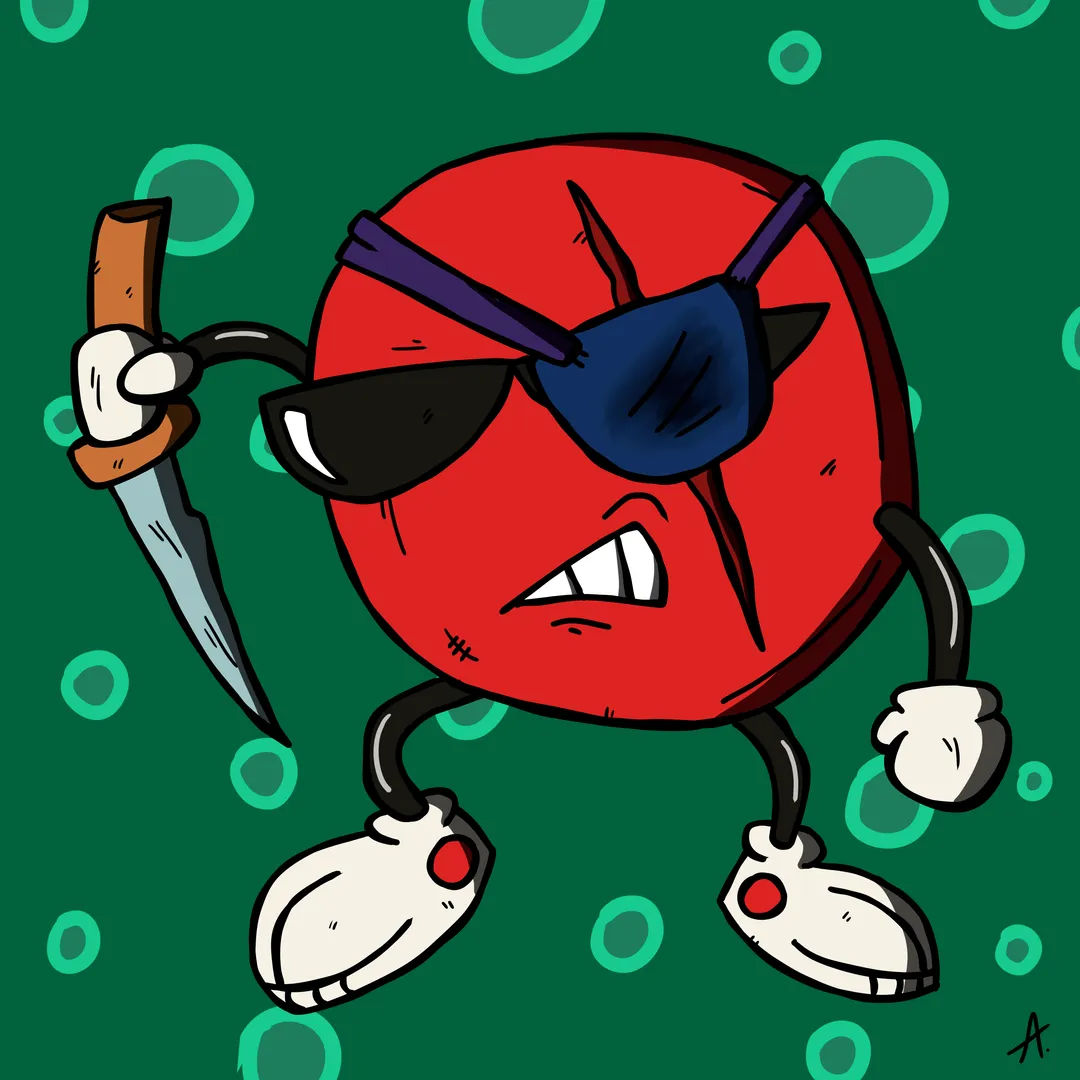 Cartoon illustration of Cool Spot, the sunglasses-wearing red dot mascot from the 90s 7 Up campaigns