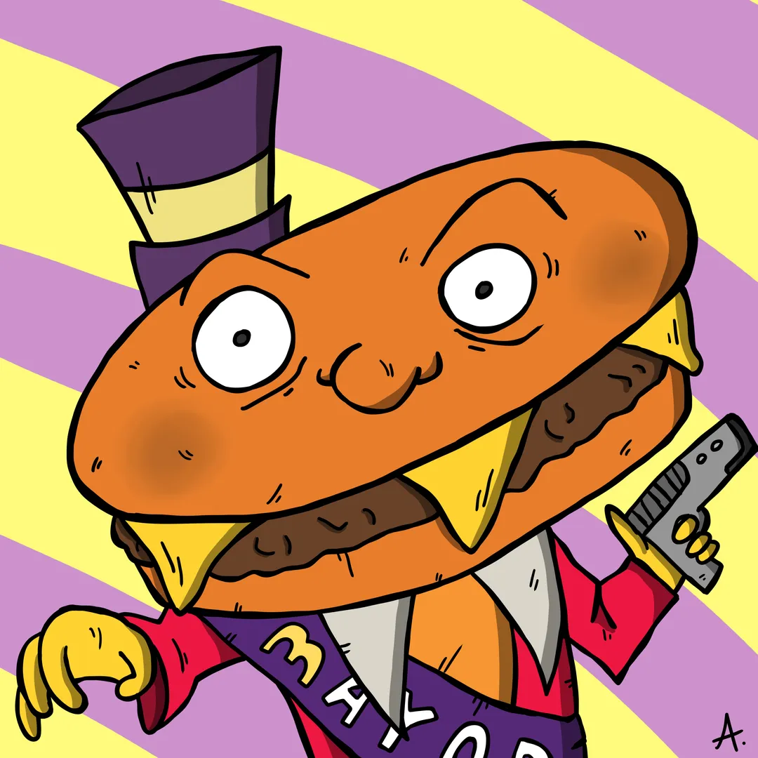 Cartoon illustration of Mayor McCheese, the cheeseburger-headed mascot from McDonald's