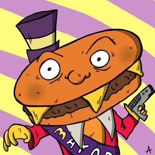 Cartoon illustration of Mayor McCheese, the cheeseburger-headed mascot from McDonald's