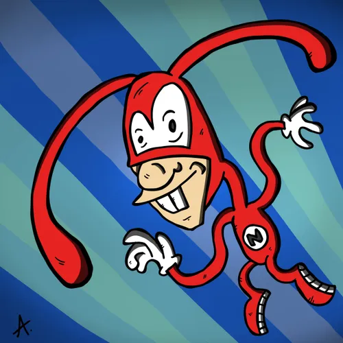 Cartoon illustration of Noir, the Domino's mascot with long limbs and a mischievous grin